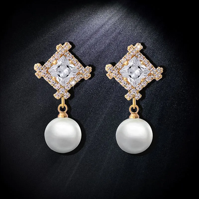 New jewelry geometric zircon pearl earrings female comfortable non-pierced ear clip high-end earrings erj34