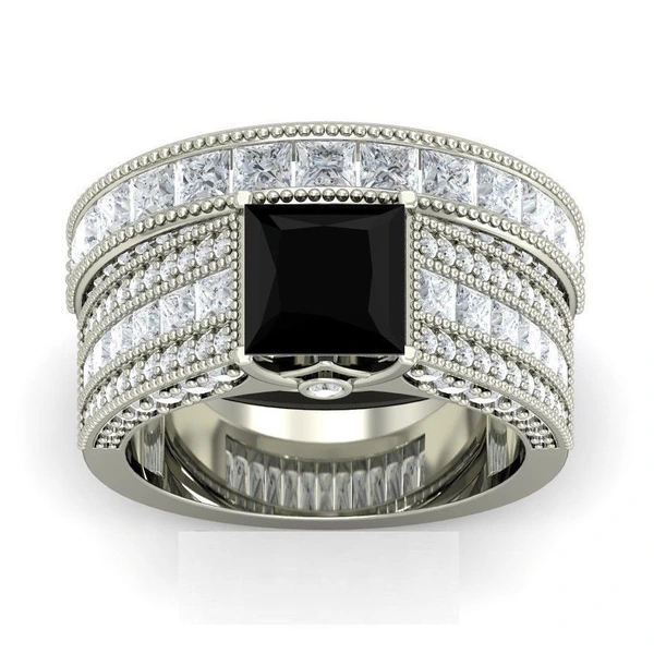 European and American hot-selling luxury women's black square diamond zircon ring silver-plated couple ring jewelry wholesale