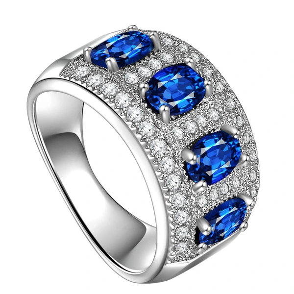 European and American hot ring fashion OL women's ring royal blue zircon copper plated silver ring small jewelry wholesale