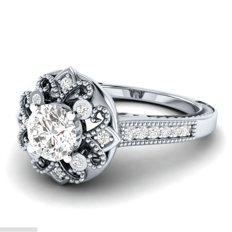 European and American hot ring creative flower jewelry women's zircon ring copper plated silver flower shape jewelry