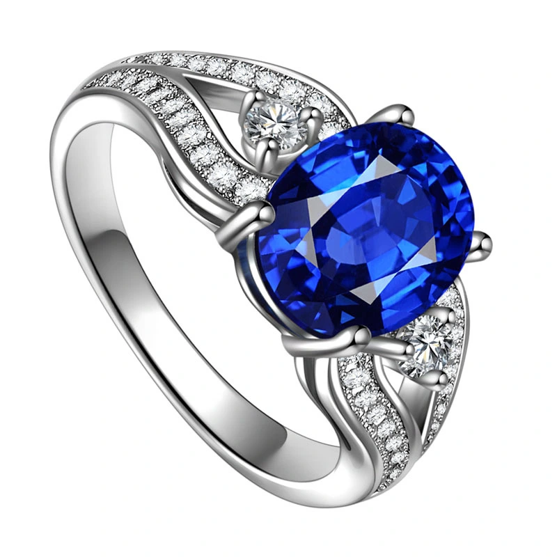 European and American hot ring fashion OL women's ring royal blue zircon copper plated silver ring small jewelry wholesale