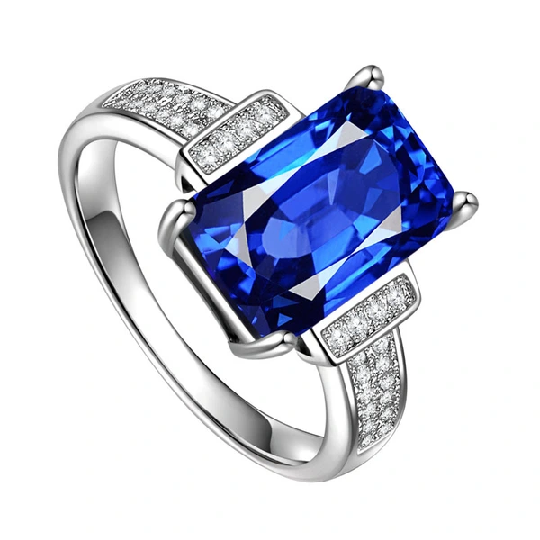 European and American hot ring fashion OL women's ring royal blue zircon copper plated silver ring small jewelry wholesale