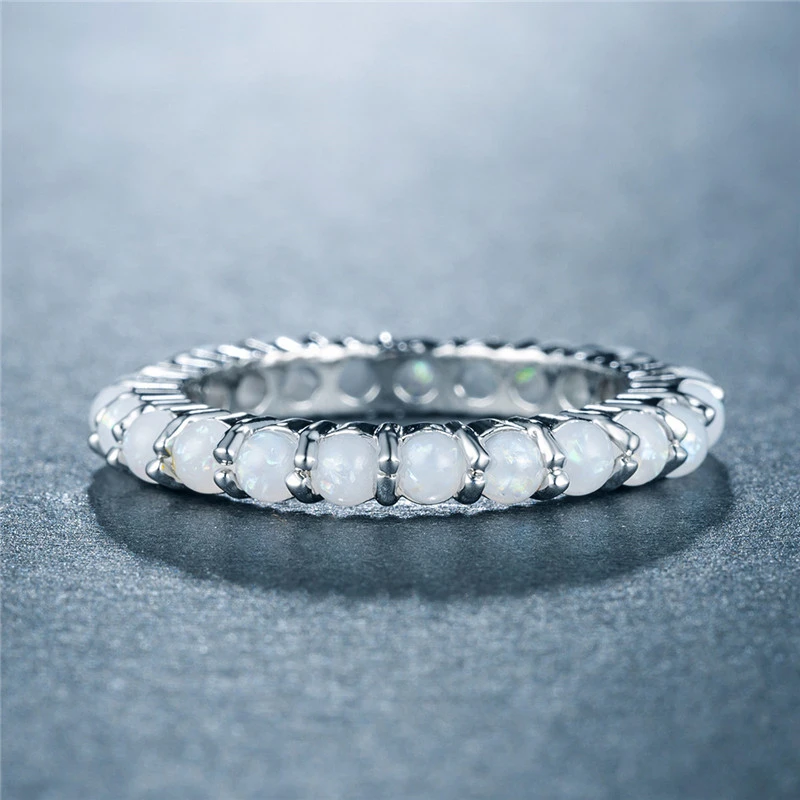 New European and American women's imitation opal ring copper plated white gold full inlaid artificial opal