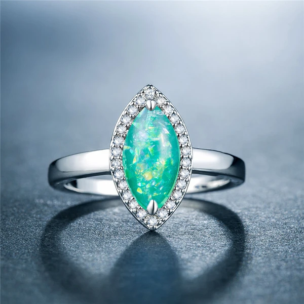 New European and American women's imitation opal ring, artificial opal, copper plated with white gold and inlaid with zircon