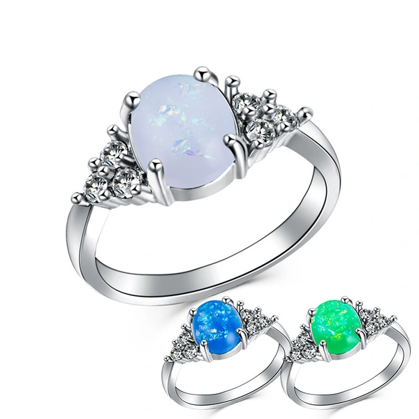 New European and American fashion imitation Australian gemstone women's ring copper plated white gold inlaid zircon jewelry