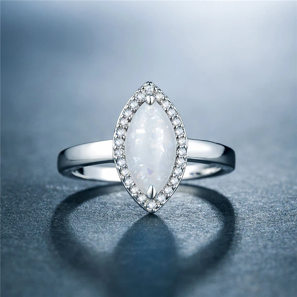 New European and American women's imitation opal ring, artificial opal, copper plated with white gold and inlaid with zircon