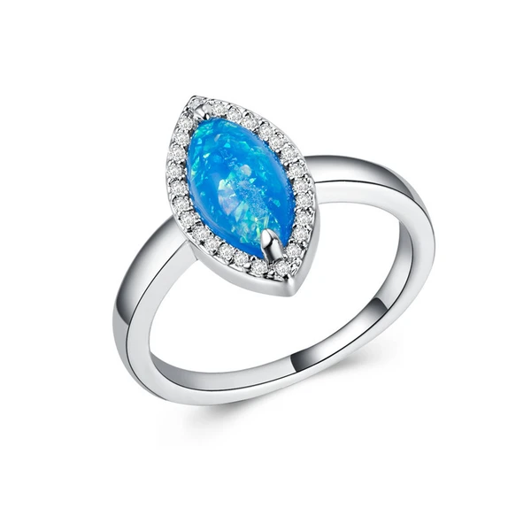 New European and American women's imitation opal ring, artificial opal, copper plated with white gold and inlaid with zircon