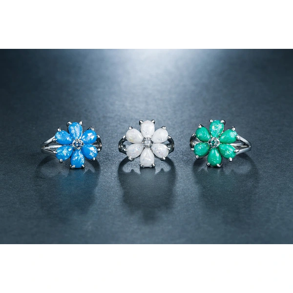 New European and American women's imitation opal flower ring copper plated white gold artificial opal