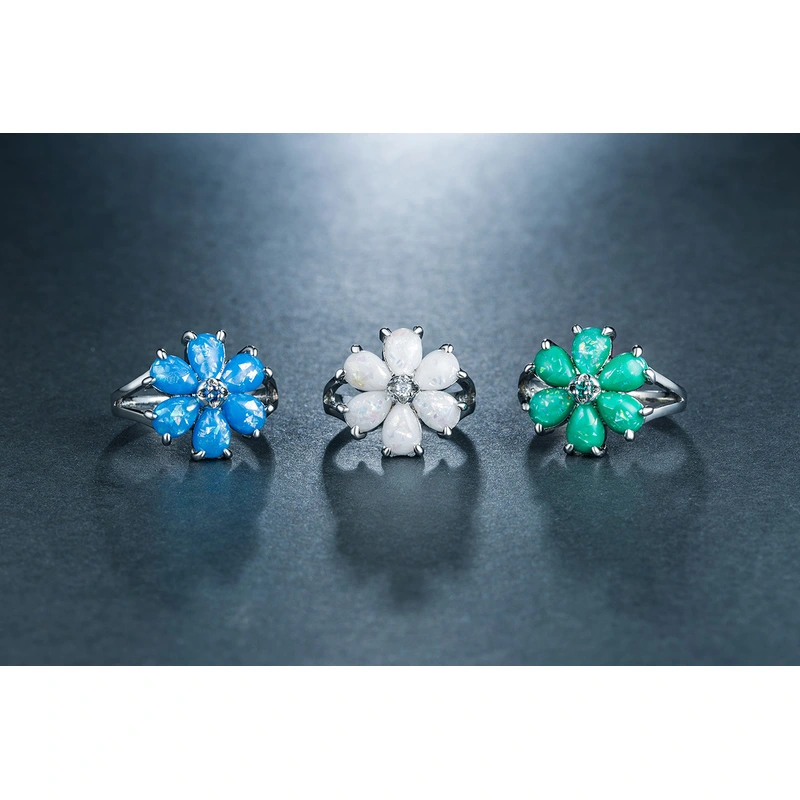 New European and American women's imitation opal flower ring copper plated white gold artificial opal