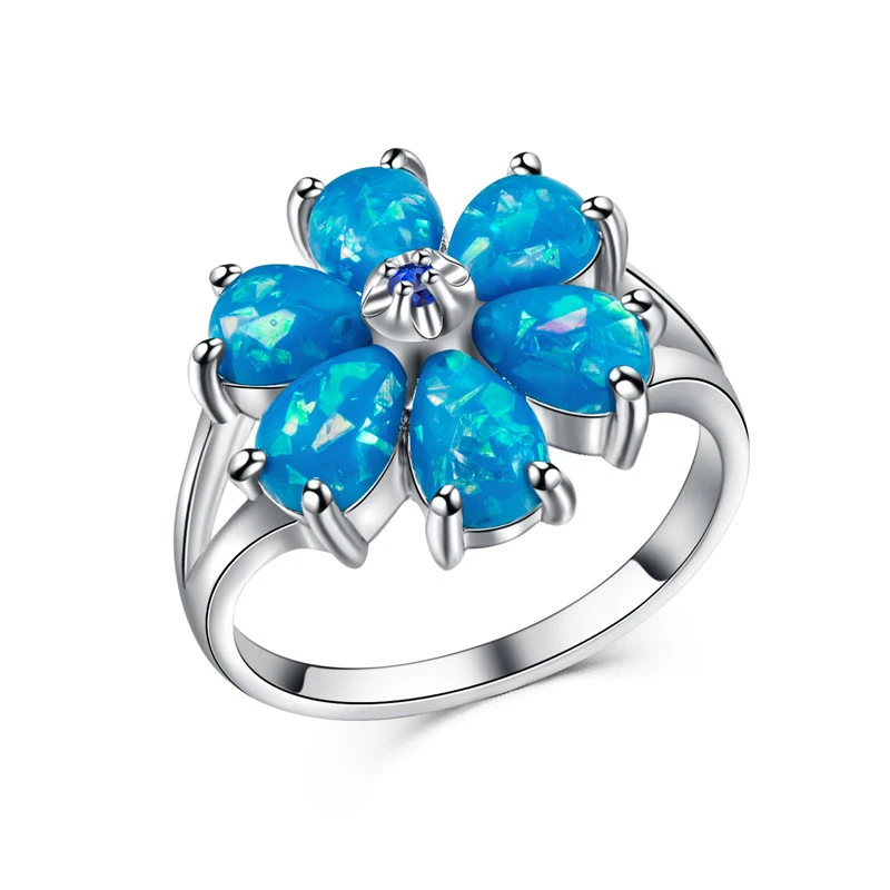 New European and American women's imitation opal flower ring copper plated white gold artificial opal