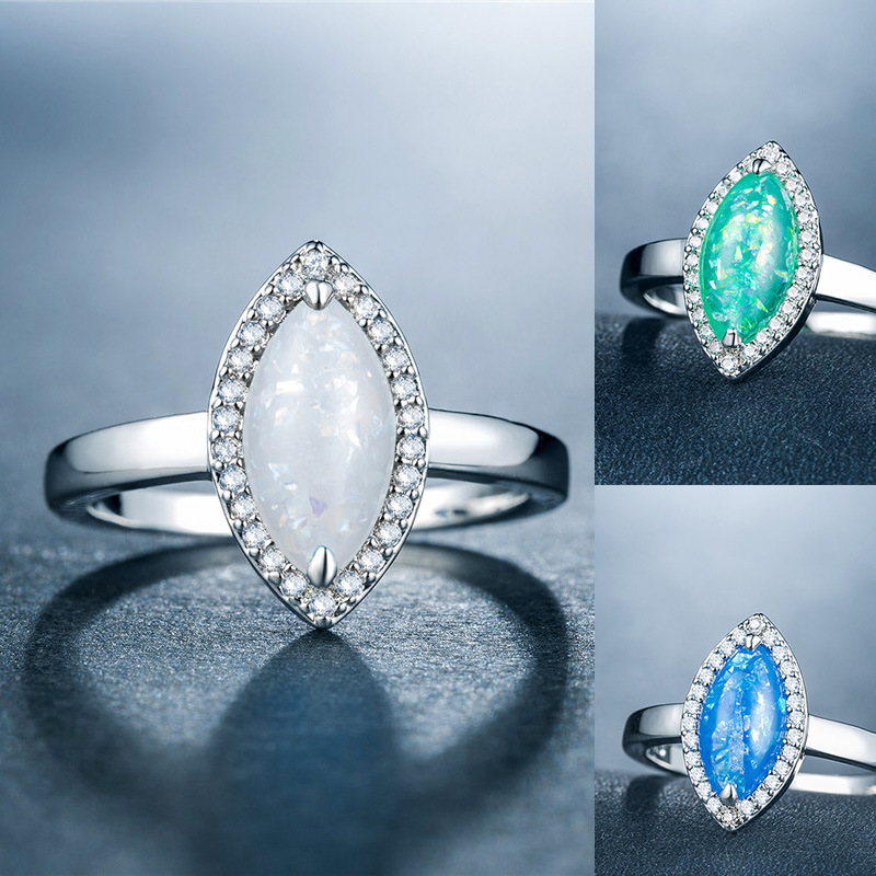 New European and American women's imitation opal ring, artificial opal, copper plated with white gold and inlaid with zircon