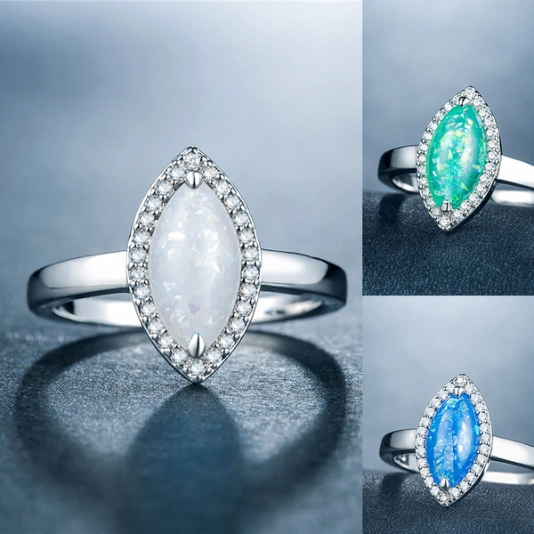 New European and American women's imitation opal ring, artificial opal, copper plated with white gold and inlaid with zircon