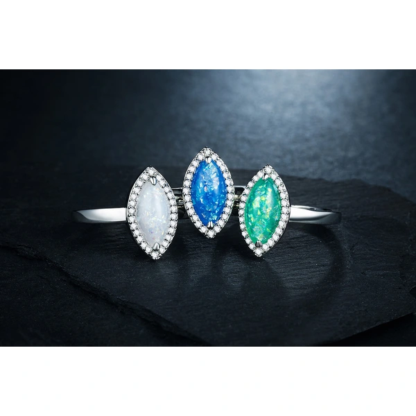 New European and American women's imitation opal ring, artificial opal, copper plated with white gold and inlaid with zircon