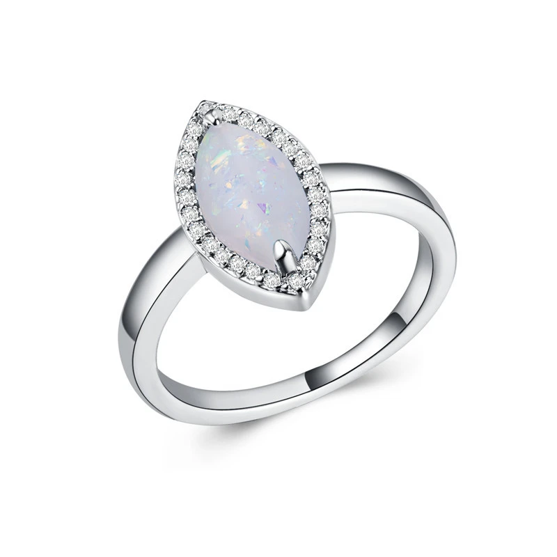 New European and American women's imitation opal ring, artificial opal, copper plated with white gold and inlaid with zircon