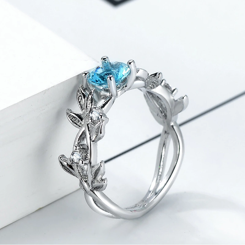  Hot selling sea blue gem lucky flower branch ring women's ring jewelry wholesale
