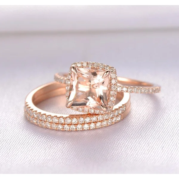 New women's ring set exquisite luxury square diamond three-in-one ring copper plated rose gold micro-inlaid zircon jewelry