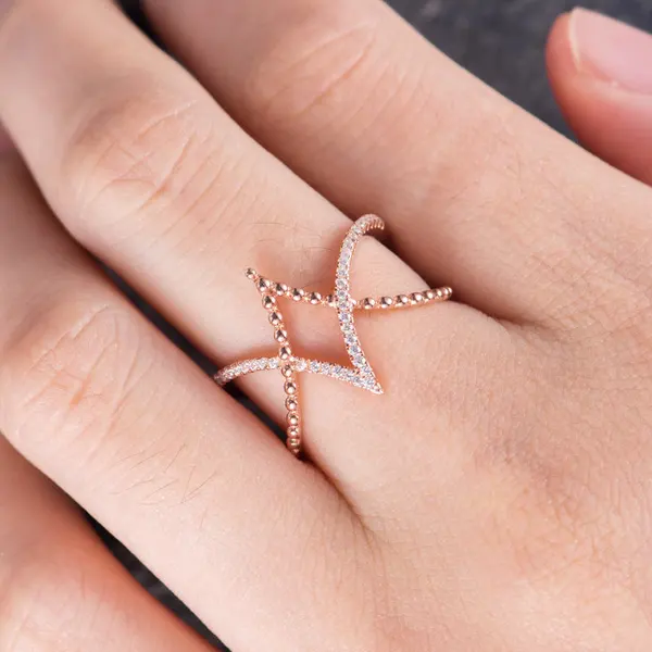  New simple diamond line cross women's ring copper plated rose gold micro-inlaid zircon jewelry