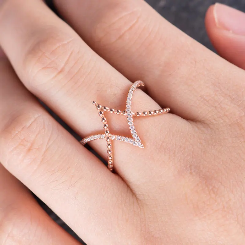  New simple diamond line cross women's ring copper plated rose gold micro-inlaid zircon jewelry