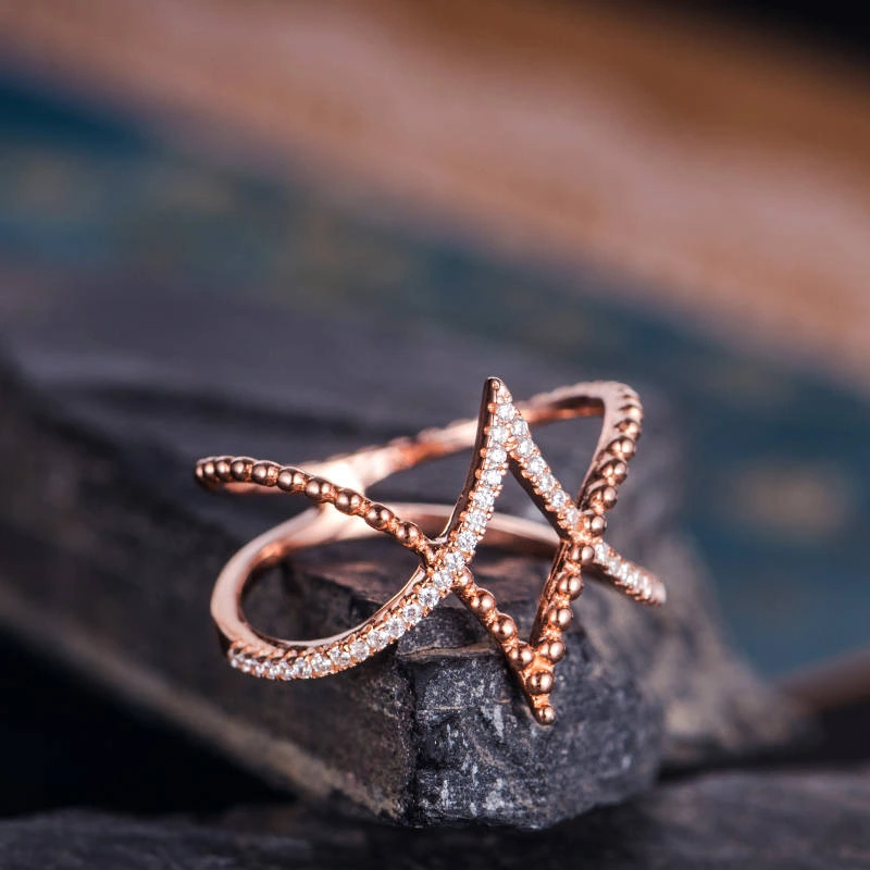  New simple diamond line cross women's ring copper plated rose gold micro-inlaid zircon jewelry