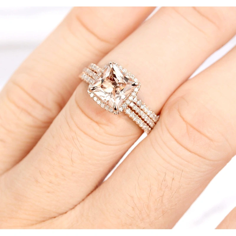 New women's ring set exquisite luxury square diamond three-in-one ring copper plated rose gold micro-inlaid zircon jewelry