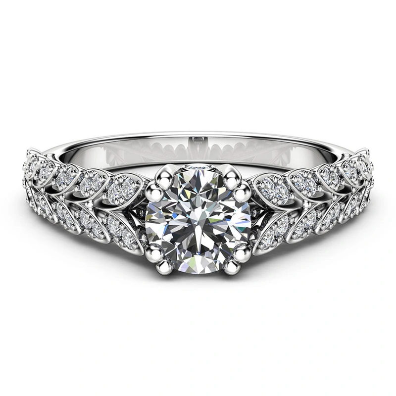  New European and American style exquisite double row leaf ladies imitation diamond ring copper plated white gold micro inlaid zircon jewelry