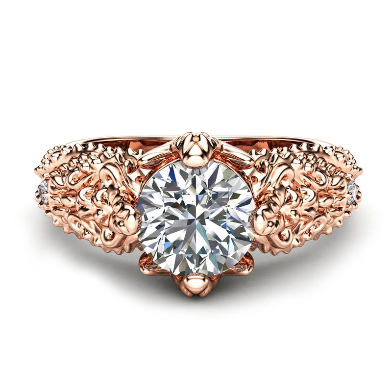 New European and American style flower and vine imitation diamond ring women's luxury copper plated rose gold zircon ring