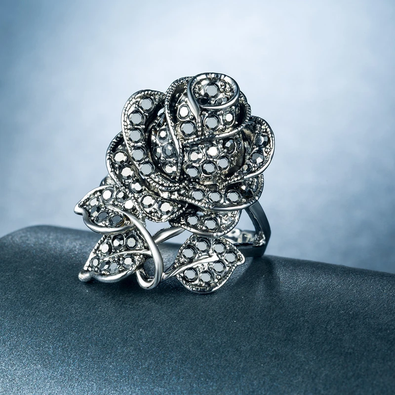 European and American new ring rose women's ring alloy silver-plated party crystal jewelry wholesale