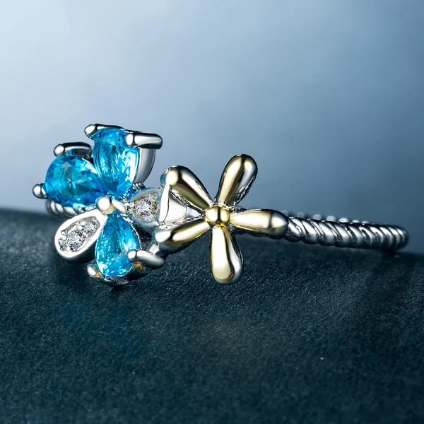 New fashion two-color flower ring for women, threaded copper-plated white gold zircon color ring