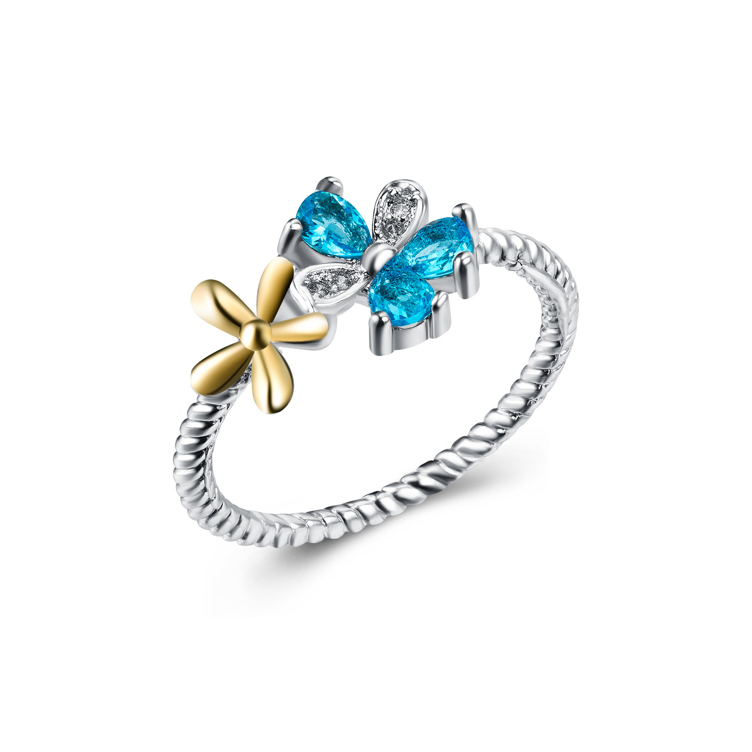 New fashion two-color flower ring for women, threaded copper-plated white gold zircon color ring