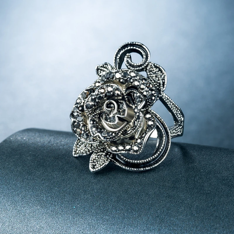  New European and American retro women's ring creative rose silver-plated micro-inlaid crystal jewelry wholesale