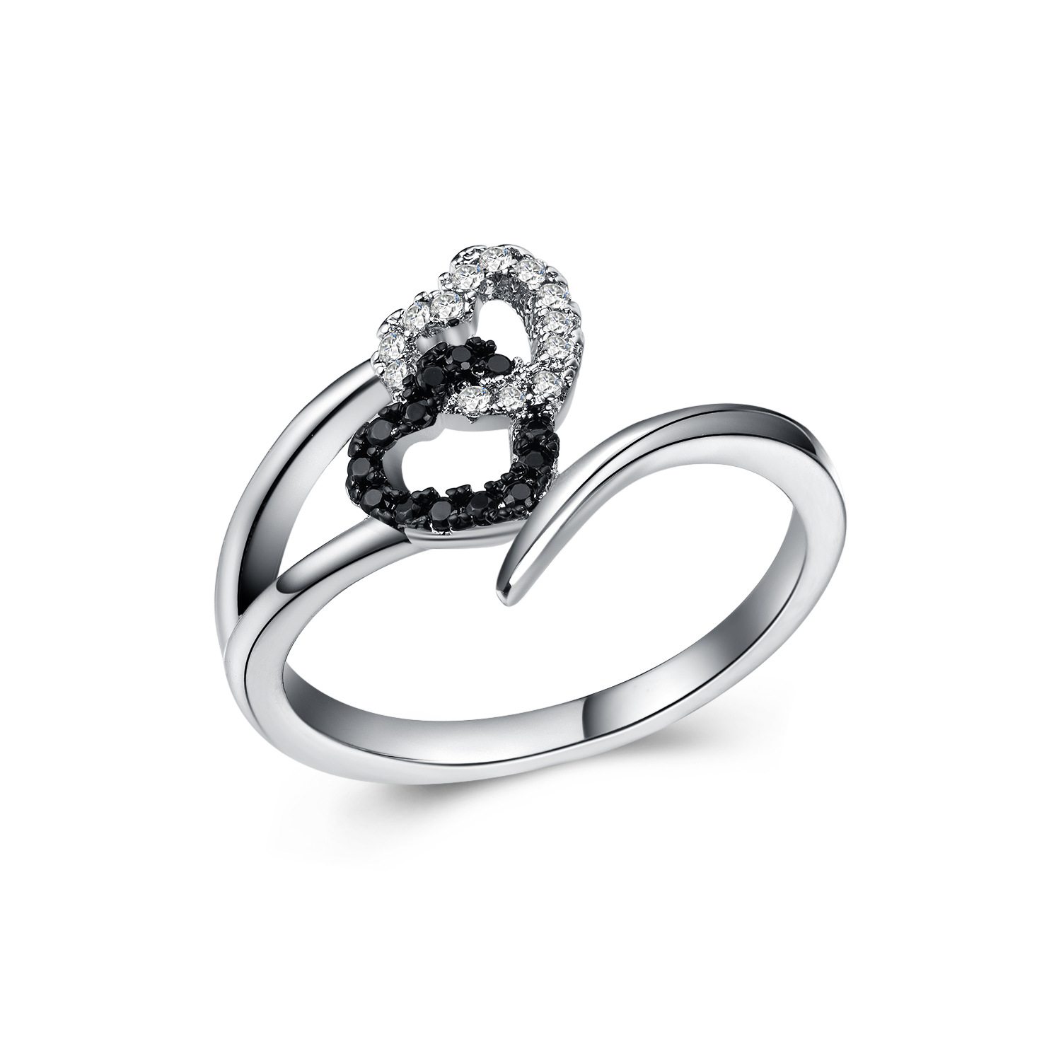 Hot selling new double heart shaped color separation ring for women fashion copper plated white gold zircon ring