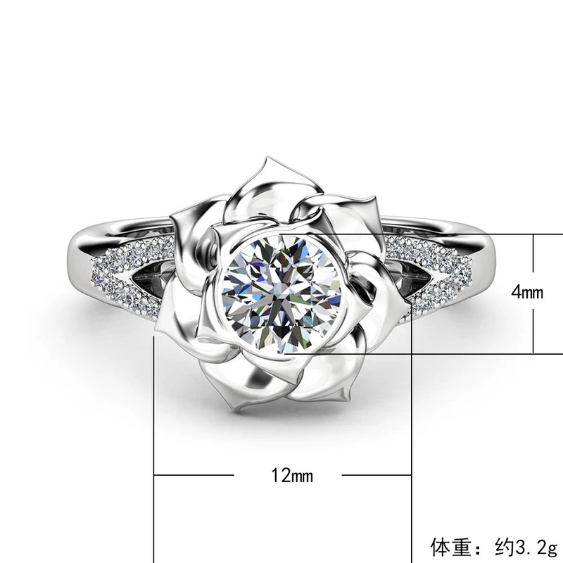 European and American style new fashion rose imitation diamond women's jewelry luxury copper plated silver zircon engagement ring