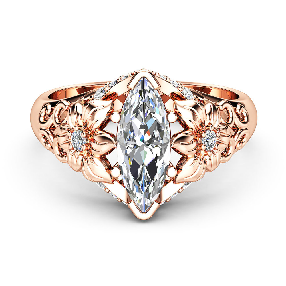  Best-selling European and American luxury floral ring with marquise-shaped zircon rose gold-plated party and dance jewelry