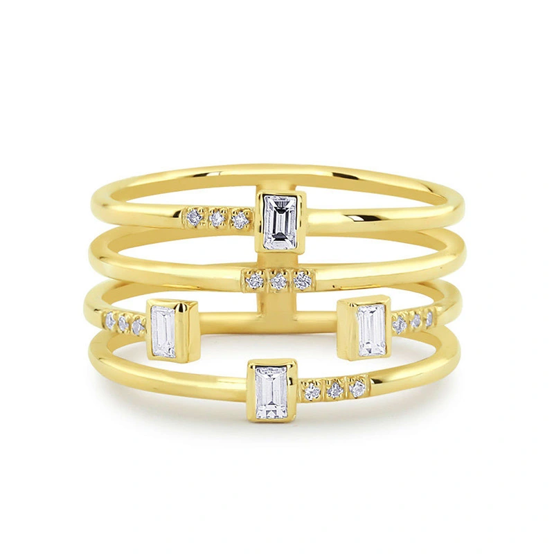 Fashion new hot selling personality four-line women's ring copper plated silver zircon party ring jewelry