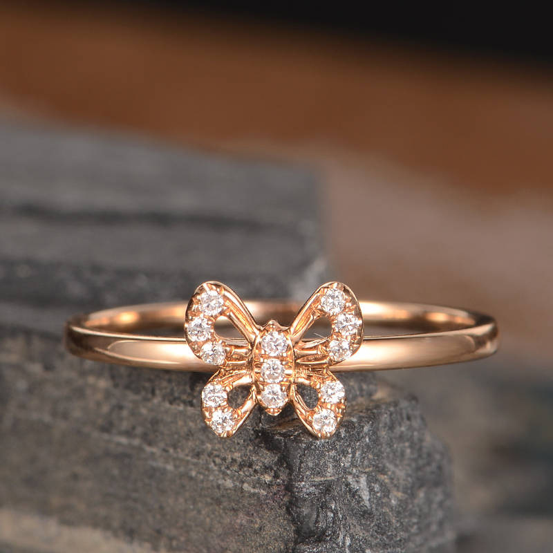   New simple butterfly micro-inlaid zircon women's ring exquisite copper plated rose gold jewelry