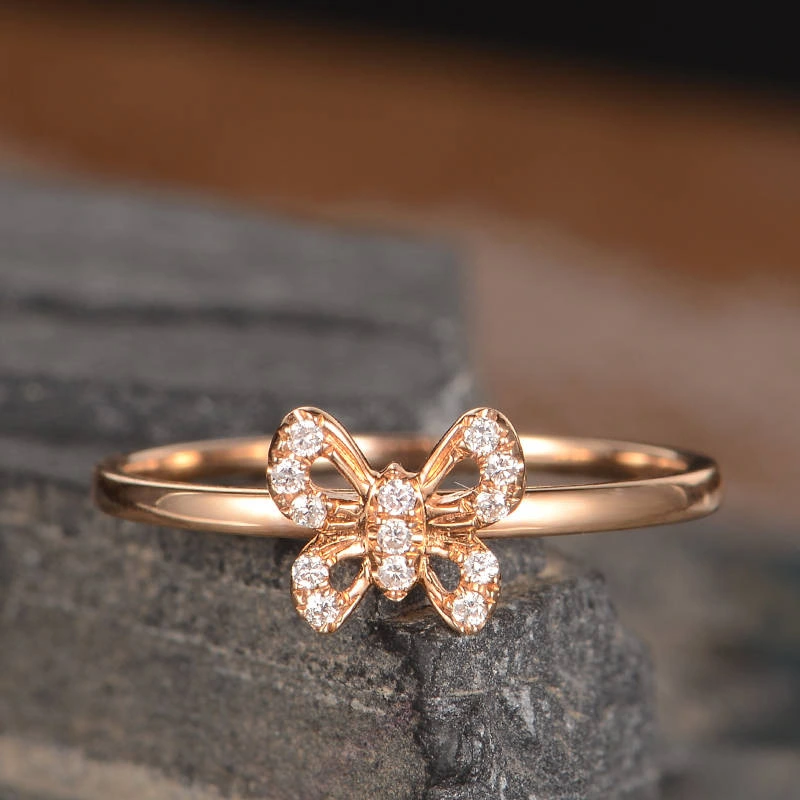   New simple butterfly micro-inlaid zircon women's ring exquisite copper plated rose gold jewelry
