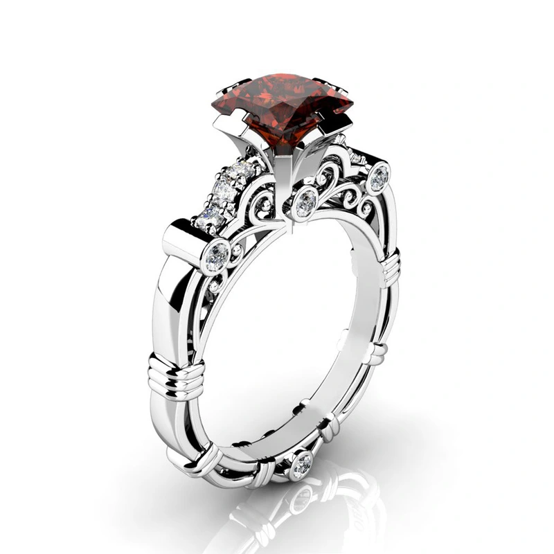  New wholesale European and American style retro ring copper plated silver square diamond zircon hollow scroll pattern jewelry