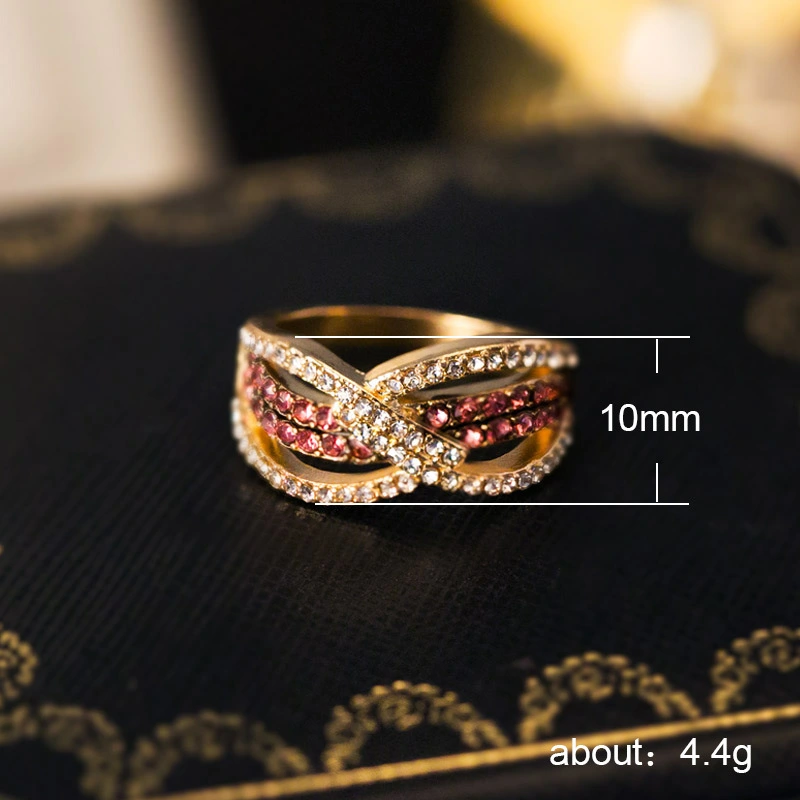  New European and American retro style women's ring geometric line leaf shape inlaid small diamond crystal alloy ring