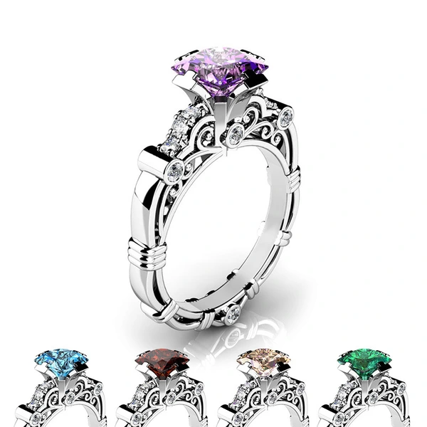  New wholesale European and American style retro ring copper plated silver square diamond zircon hollow scroll pattern jewelry