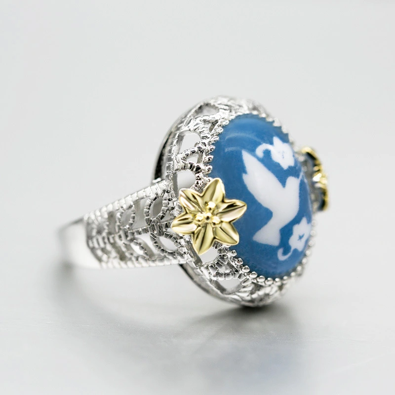 Hot-selling Nano Reflection Bird Ring Copper Plated Color Separation Small Flower Peace Dove Jewelry Wholesale