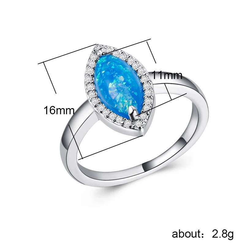 New European and American women's imitation opal ring, artificial opal, copper plated with white gold and inlaid with zircon