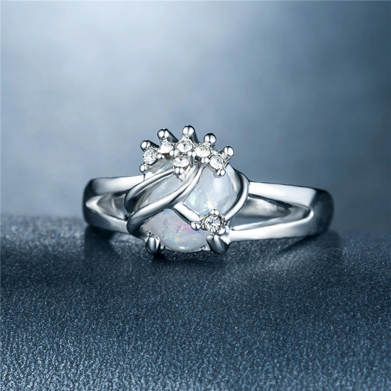   New European and American fashion women's artificial opal ring copper plated white gold inlaid zircon jewelry