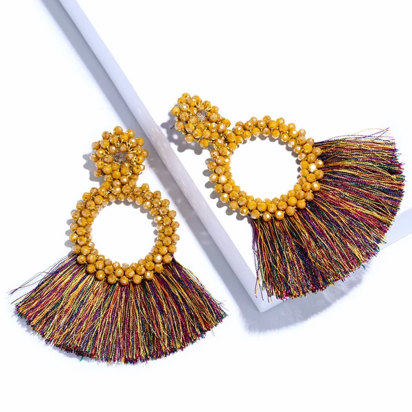 New accessories Bohemian fashion personality women's exaggerated hand-woven rice bead tassel earrings ern02