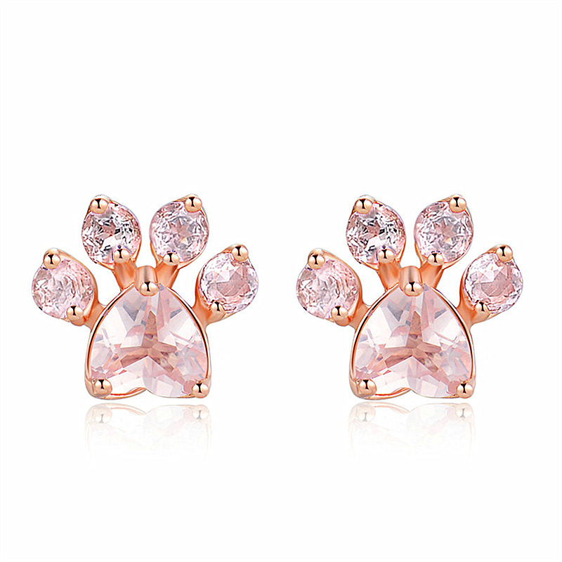 Taobao source hot selling creative cat paw print rose quartz zircon earrings rose gold plated earring accessories