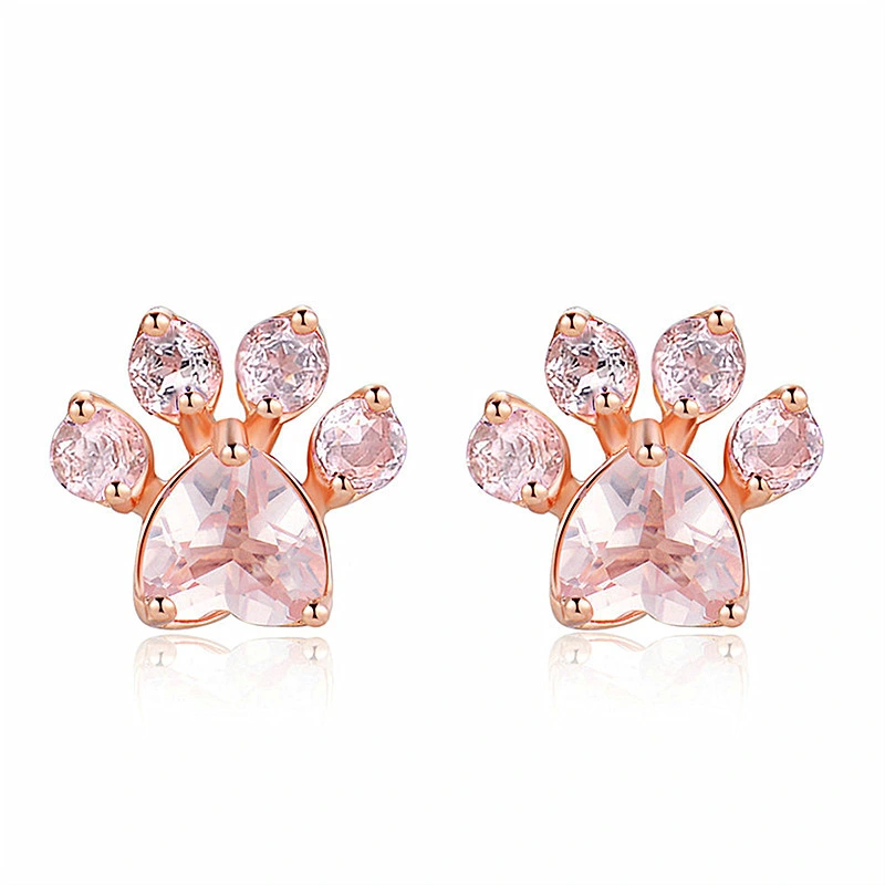 Taobao source hot selling creative cat paw print rose quartz zircon earrings rose gold plated earring accessories