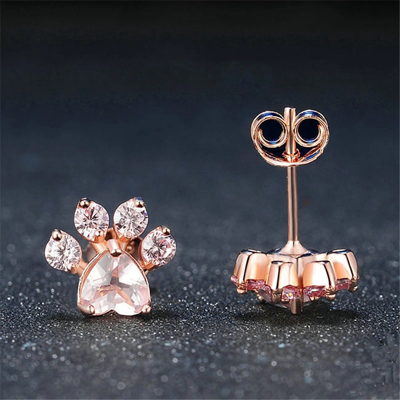 Taobao source hot selling creative cat paw print rose quartz zircon earrings rose gold plated earring accessories