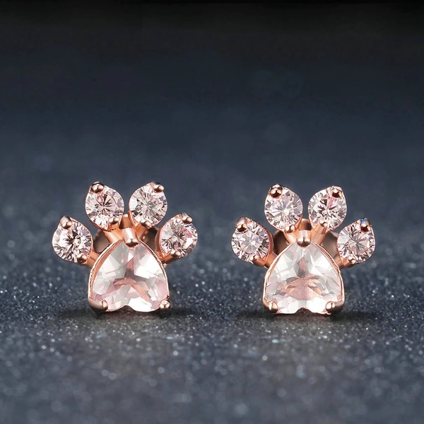 Taobao source hot selling creative cat paw print rose quartz zircon earrings rose gold plated earring accessories