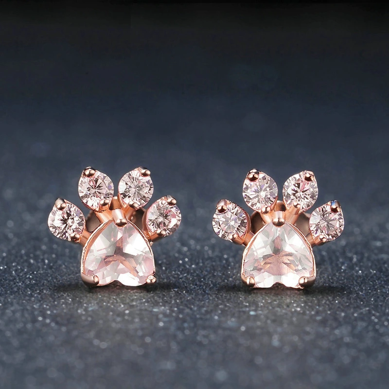 Taobao source hot selling creative cat paw print rose quartz zircon earrings rose gold plated earring accessories