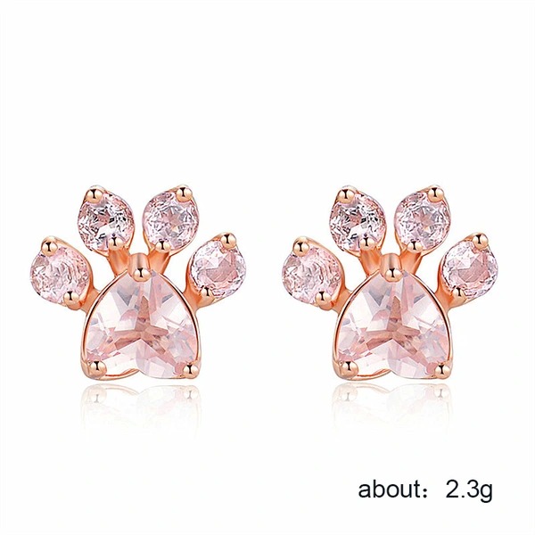 Taobao source hot selling creative cat paw print rose quartz zircon earrings rose gold plated earring accessories