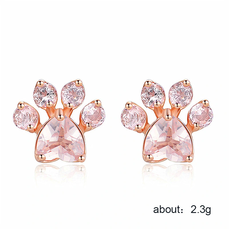 Taobao source hot selling creative cat paw print rose quartz zircon earrings rose gold plated earring accessories